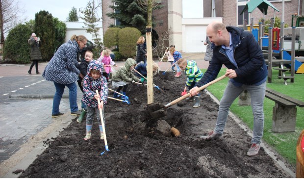 Het slechte weer deerde nauwelijks: kleuters van de PWA-school én wethouder Schuurman plantten tien nieuwe bomen. (foto en tekst: Erik van Leeuwen)