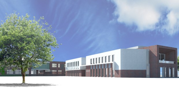 Een impressie van de nieuwe school. Het gedeelte met de witte steen is het gebouw waar Eben-Haëzer in kom te zitten. Dat is nieuwbouw.