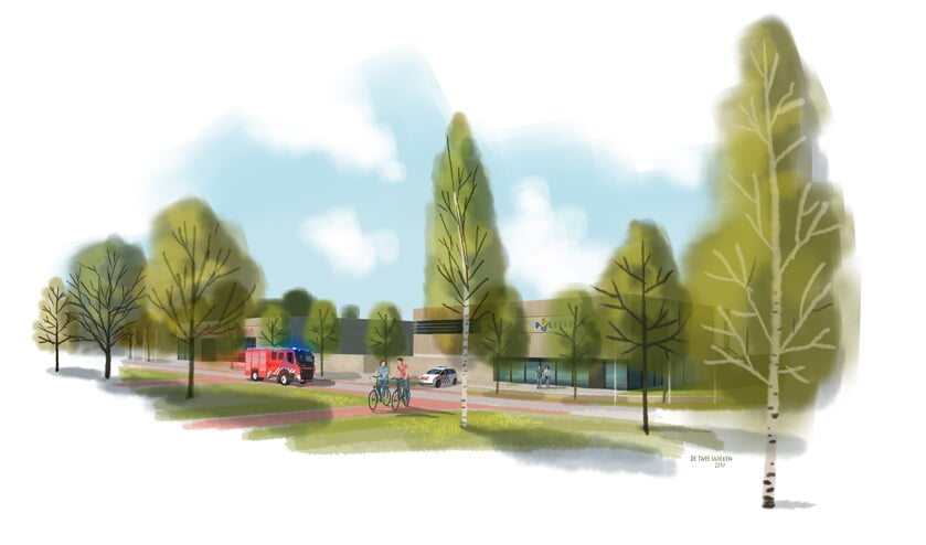 De schets van de nieuwbouw van het politiebureau en de brandweerkazerne