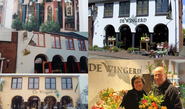 Bloemenhuis De Wingerd door de jaren heen. Rechtsonder trotse eigenaren Maja en Wilfred Olijhoek.
