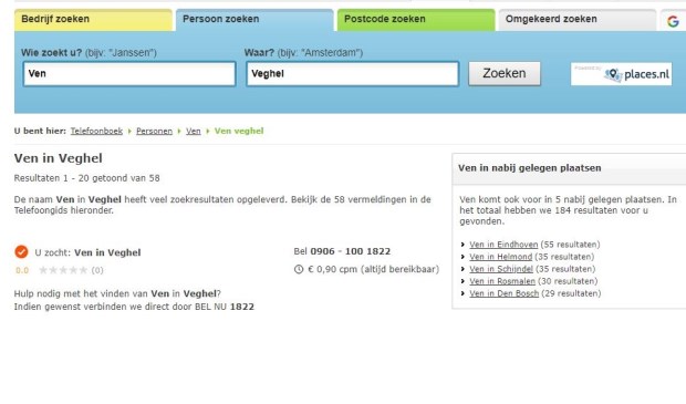 De lijst is samengesteld op basis van het aantal vermeldingen op Telefoonboek.nl.