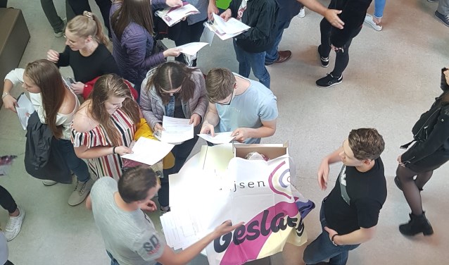 De Zwijsen-leerlingen nemen elkaars cijferlijsten door.