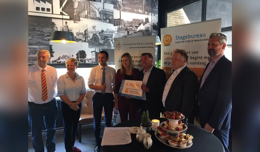 Ben van de Wijgaert toont de cheque ten midden van samenwerkingspartners en gedeputeerde Joost van den Akker.