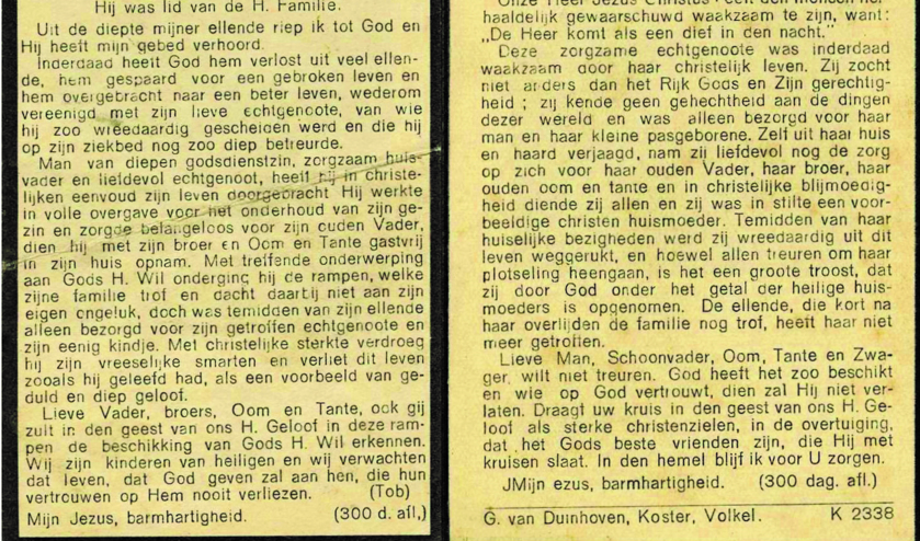 De gedachtenisprentjes van het echtpaar Van den Heuvel. Bij een bombardement op 17 september op Volkel kwam mevrouw Van den Heuvel om en haar man stierf de dag daarna aan de gevolgen van zijn verwondingen.