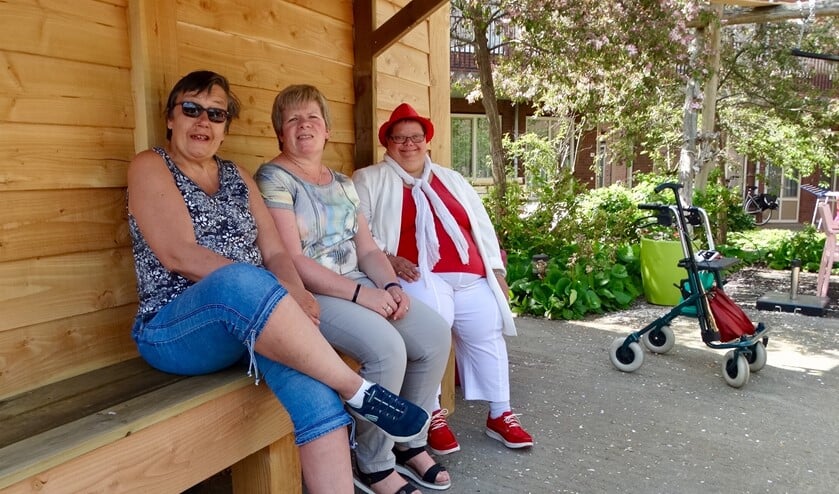 Joke, Anneke en Rosemarie poseren trots bij de blokhut, de nieuwste aanwinst in de tuin.