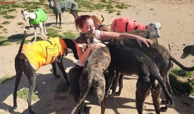 Rowana Pijpers tussen de honden bij Scooby in Spanje