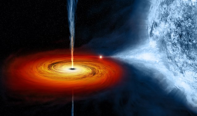 On the left, an optical image from the Digitized Sky Survey shows Cygnus X-1, outlined in a red box. Cygnus X-1 is located near large active regions of star formation in the Milky Way, as seen in this image that spans some 700 light years across. An artist's illustration on the right depicts what a