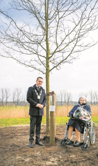 Burgemeester Van der Meijden en mevrouw Verhulst bij de boom | Fotonummer: be278c