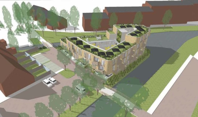 Schetsimpressie van het beoogde appartementengebouw op de Menswordinglocatie.