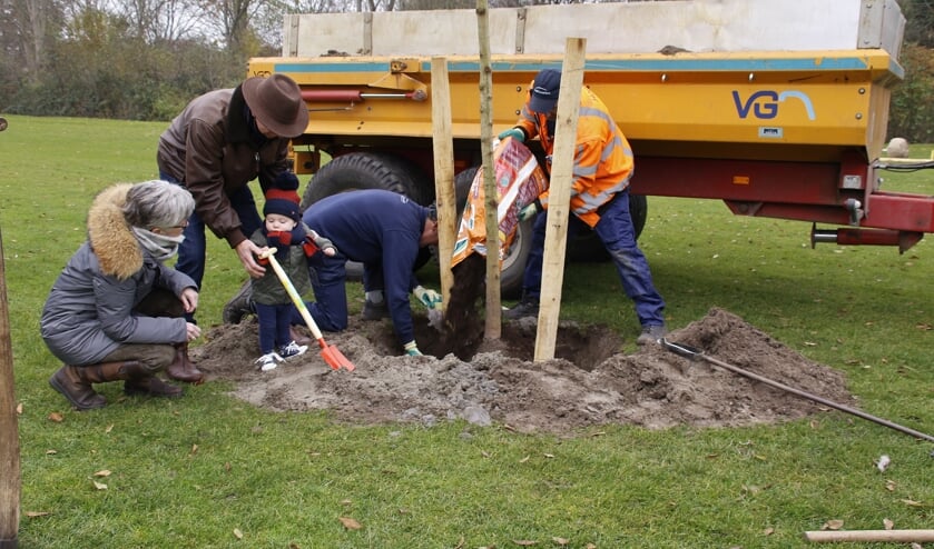 De 65 bomen ter waarde van een slordige achttienduizend euro zijn middels 'crowdfunding' bij elkaar gebracht. De eenjarige Pieter, kleinzoon van een van de leden, heeft Hoveniersbedrijf Hoek een handje geholpen bij het planten.