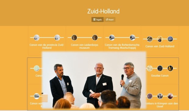 Een beeld van de website met bestuursleden Diebels (links) en Gerrese (midden) van het Leiderdorps Museum.