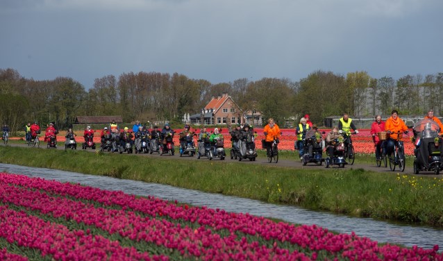 Ook een prachtige file: deelnemers aan de scootmobielentocht van 2017. | Foto: pr