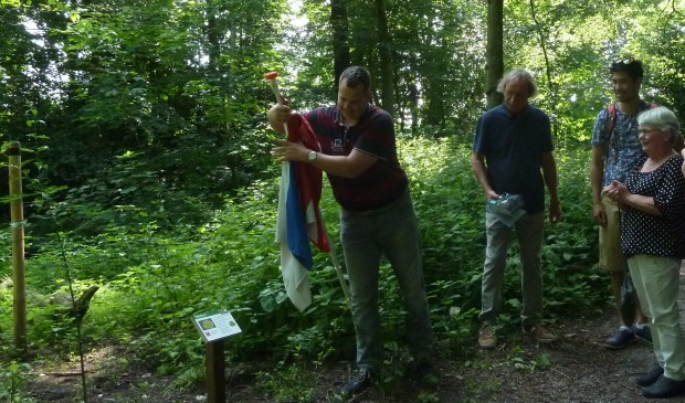 Voorzitter Joep Derksen mag het informatiebordje bij de Tulpenboom onthullen. | Foto: pr.