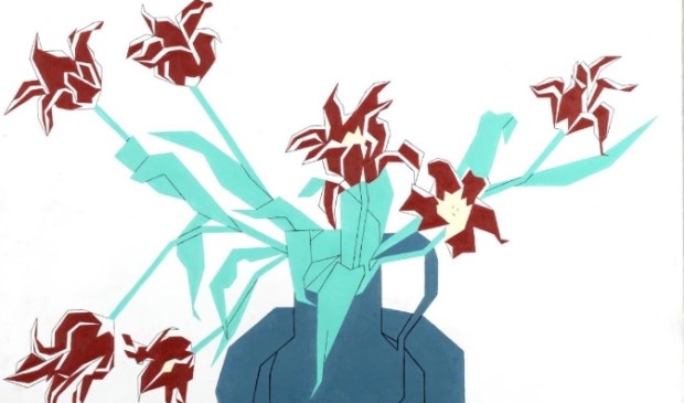 Een werk van Hendrik Valk: tulpen in een vaas. Kenmerkend is dat Valk de achtergrond geheel wit heeft gelaten.