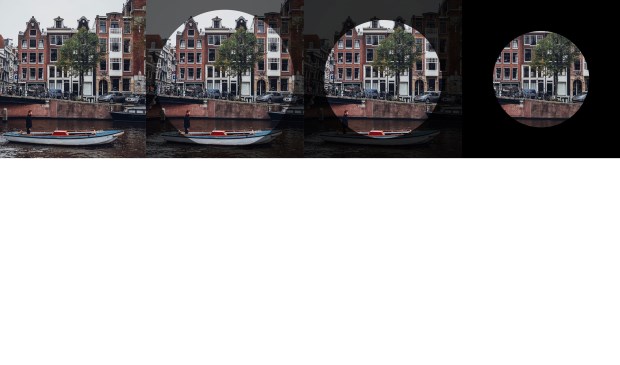 Links is het normale gezichtsveld, bij glaucoom wordt het steeds meer alsof je kijkt door een koker.