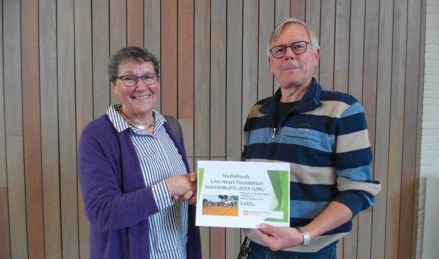 Marijke van Pernis overhandigt de cheque aan Ad Olivier.