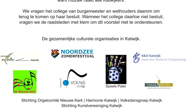 Met dit pamflet roepen culturele organisaties in Katwijk op tot behoud van de muziekschool.