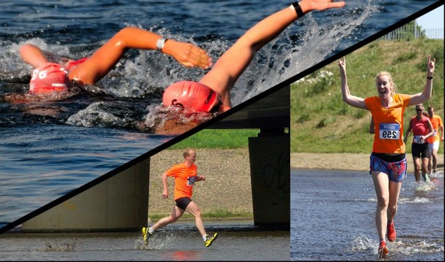 Bij een zwemloop leggen atleten eerst een deel van het parcours zwemmend af waarna ze hardlopend verder gaanFoto: Jos Dinkelberg/ Atletiekvereniging Prins Hendrik