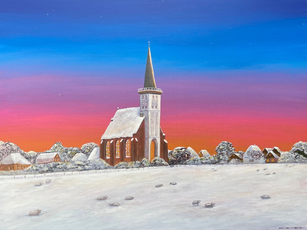 Schilderij: Hoornder Kerkje in de sneeuw 60x80cm.