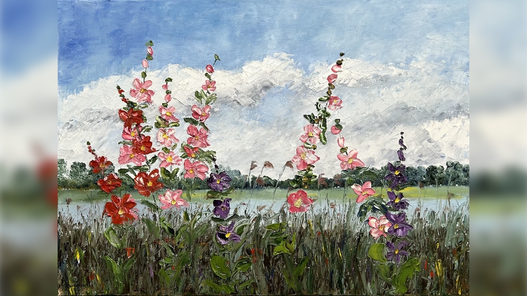 schilderij "stokrozen"