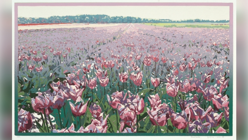 Grietje Postma: Tulpenveld (houtsnede)