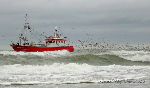 Kotter voor de kust van De Koog. Paal 19,5 op 17 november. Foto: Tilly Vinke.