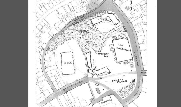 Schets van het plan van Edward Bonne om van Groeneplaats en Wezentuin een Weezenhof te maken.