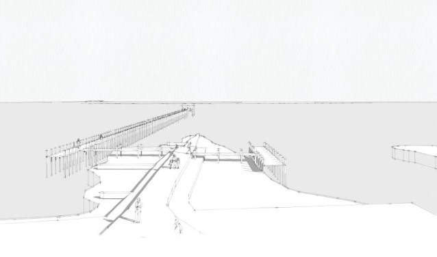Tekening van de wadsteiger die bij De Cocksdorp moet komen. De steiger ligt naast het 'haventje van Sil' dat volgens de Stichting Waterrijke Perspectieven intact zoals die is. De nieuwe steiger krijgt hetzelfde uiterlijk als de huidige steiger bij het haventje.
