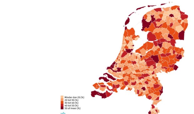 Afbeelding van het CBS met het percentage banen van mensen die in de eigen gemeente werken. (Bron CBS)