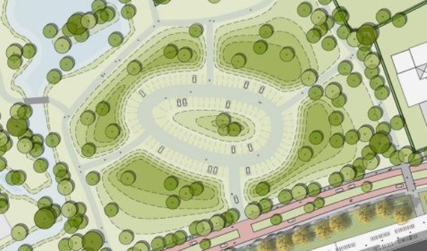 Uitsnede van de huidige ijsbaan uit het plan voor herinrichting van de openbare ruimte van Den Burgt-Zuid. Het is ingetekend als parkeerterrein in een parkachtige omgeving.