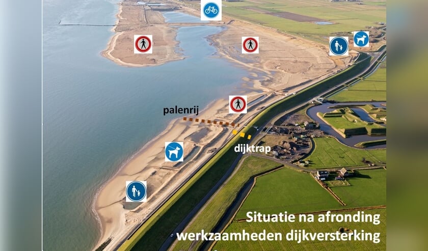 Met blauwe borden is aangegeven welke deel van het nieuwe gebied bij de nieuwe PH-zanddijk na voltooiing toegankelijk is.