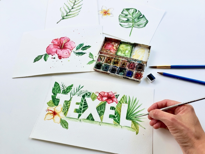 Schilderen met watercolours/ aquarel, direct aan het strand met uitzicht op zee