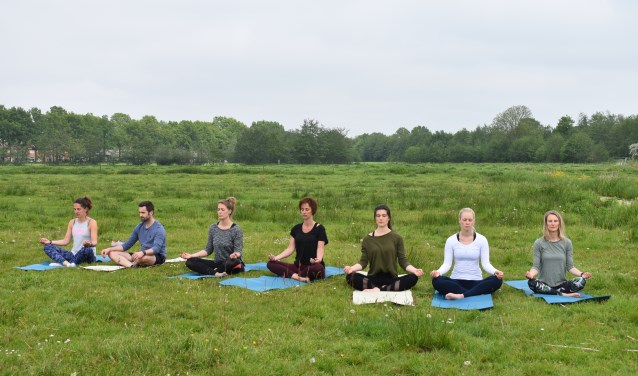 Yn balâns yoga onder leiding van Anne van der Vaart (derde van rechts): komende zaterdag bij de Buitenplaats in Earnewâld (10 - 11 en 17 - 18 uur).