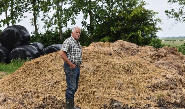 Jan Minnema uit Lioessens bij de 'rûchskerne' (ruige mesthoop): "Hiel belangryk foar de boaiem!"
